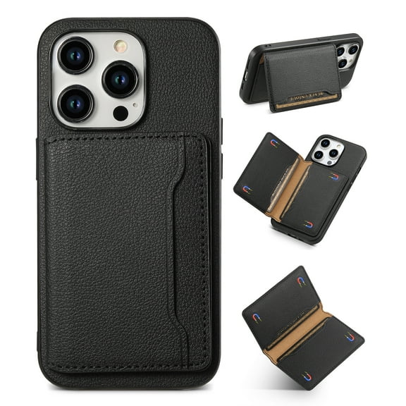 Detachable Wallet Case for iPhone 14, Flip Magnetic Card Holder for Phone Case with Stand, Kickstand Card Holders Stick on PU Leather Phone Case Shockproof Cover for iPhone 14, Black