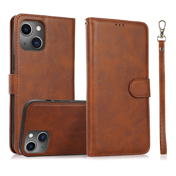 Detachable Wallet Case for iPhone 14 Plus, Removable PU Leather Wrist Hand Strap 2 in 1 Design Flip Folio Cover with Card Slots Holder Magnetic Car Mount Kickstand Protective Phone Case, Brown