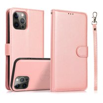 Detachable Wallet Case for iPhone 14 Pro Max, Removable PU Leather Wrist Hand Strap 2 in 1 Design Flip Folio Cover with Card Slots Holder Magnetic Car Mount Kickstand Protective Phone Case, Rosegold