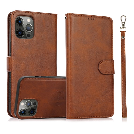Detachable Wallet Case for iPhone 14 Pro Max, Removable PU Leather Wrist Hand Strap 2 in 1 Design Flip Folio Cover with Card Slots Holder Magnetic Car Mount Kickstand Protective Phone Case, Brown