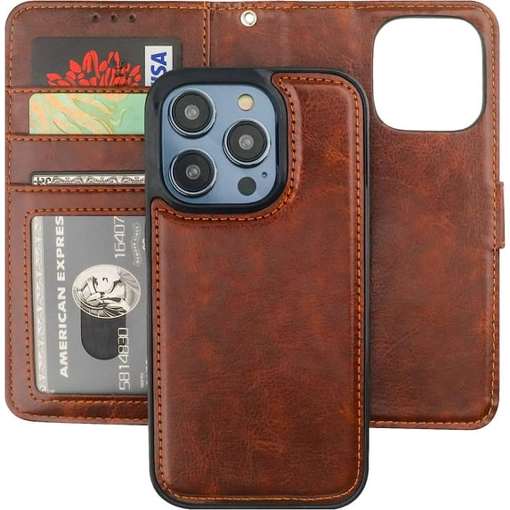 Detachable Wallet Case for iPhone 14 Pro RFID Blocking Card Slots Holder Premium PU Leather Magnetic Kickstand Shockproof Wrist Strap Removable Flip Protective Cover 5G 6.1 inch (Brown)