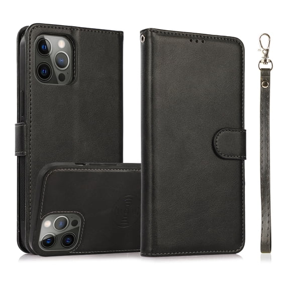 Detachable Wallet Case for iPhone 14 Pro, Removable PU Leather Wrist Hand Strap 2 in 1 Design Flip Folio Cover with Card Slots Holder Magnetic Car Mount Kickstand Protective Phone Case, Black