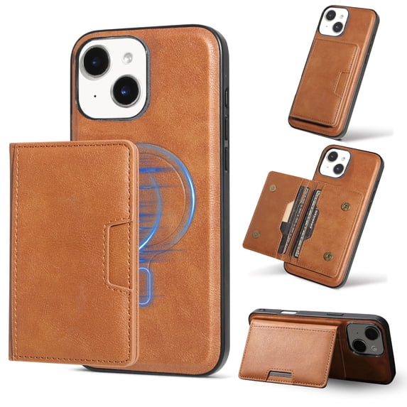 Detachable Wallet Case for iPhone 15 Card Slots Holder, Premium PU Leather Magnetic Cover Compatible with Mag-Safe, Shockproof Removable Flip Kickstand Protective Case, Brown