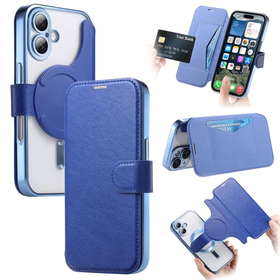 Detachable Wallet Case for iPhone 16, 2-in-1 PU Leather Phone Case with RFID Blocking Card Holder & Flip Stand & Lens Protector Film, Magnetic Clear Back Case Compatible with Mag-Safe, Blue