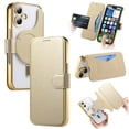 thumbnail image 1 of Detachable Wallet Case for iPhone 16, 2-in-1 PU Leather Phone Case with RFID Blocking Card Holder & Flip Stand & Lens Protector Film, Magnetic Clear Back Case Compatible with Mag-Safe, Gold, 1 of 11