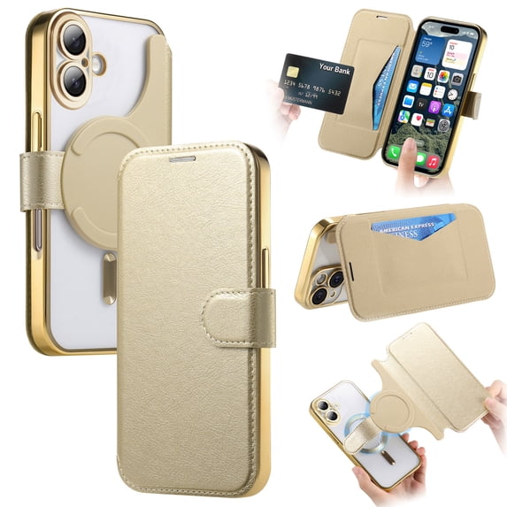 Detachable Wallet Case for iPhone 16, 2-in-1 PU Leather Phone Case with RFID Blocking Card Holder & Flip Stand & Lens Protector Film, Magnetic Clear Back Case Compatible with Mag-Safe, Gold