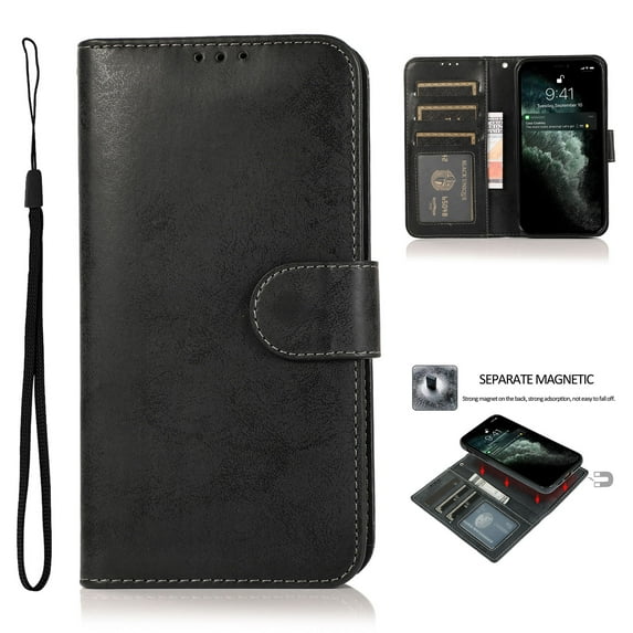 Detachable Wallet Case for iPhone 16 Plus, Card Slots Holder Premium PU Leather Magnetic Kickstand Shockproof Wrist Strap Removable Flip Protective Cover for iPhone 16 Plus, Black