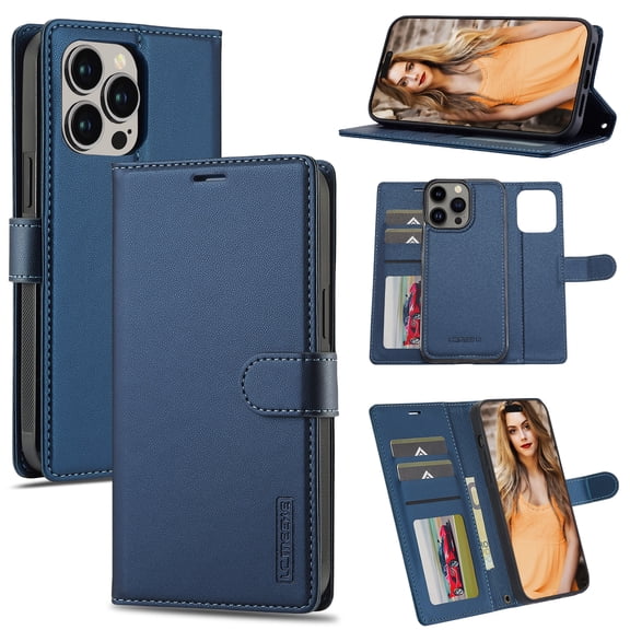 Detachable Wallet Case for iPhone 16 Pro, Card Slots Holder Premium PU Leather Magnetic Kickstand Shockproof Wrist Strap Removable Flip Protective Cover for iPhone 16 Pro, Blue