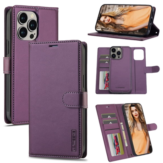 Detachable Wallet Case for iPhone 16 Pro, Card Slots Holder Premium PU Leather Magnetic Kickstand Shockproof Wrist Strap Removable Flip Protective Cover for iPhone 16 Pro, Purple