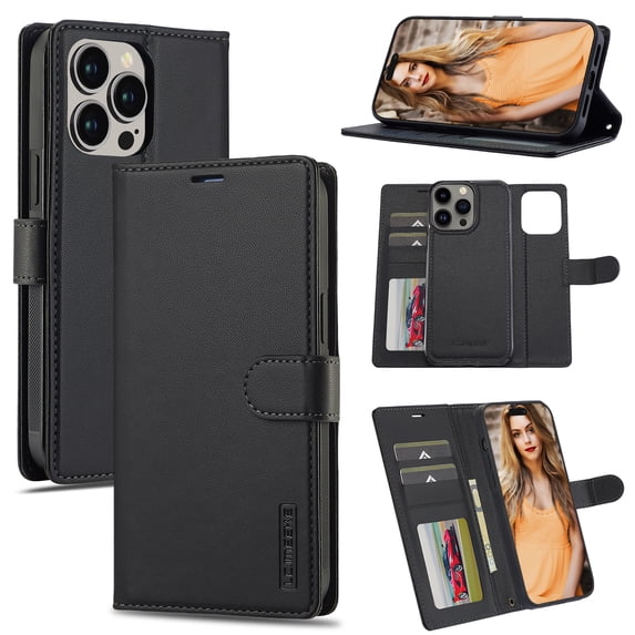 Detachable Wallet Case for iPhone 16 Pro, Card Slots Holder Premium PU Leather Magnetic Kickstand Shockproof Wrist Strap Removable Flip Protective Cover for iPhone 16 Pro, Black