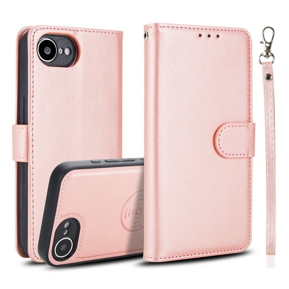 Detachable Wallet Case for iPhone 16E with Card Holder, PU Leather Wrist Hand Strap 2-in-1 Design Flip Cover Support Magnetic Car Mount Kickstand Protective Case for iPhone 16E, Rosegold