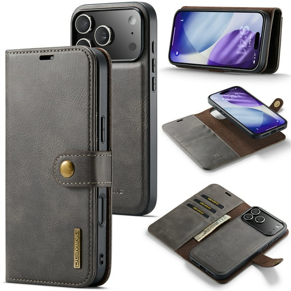 Detachable Wallet Case for iPhone 17 Pro RFID Blocking Card Slots Holder Removable 2 in 1 Wallet Phone Case Premium PU Leather Magnetic Kickstand Shockproof Flip Protective Cover,Gray