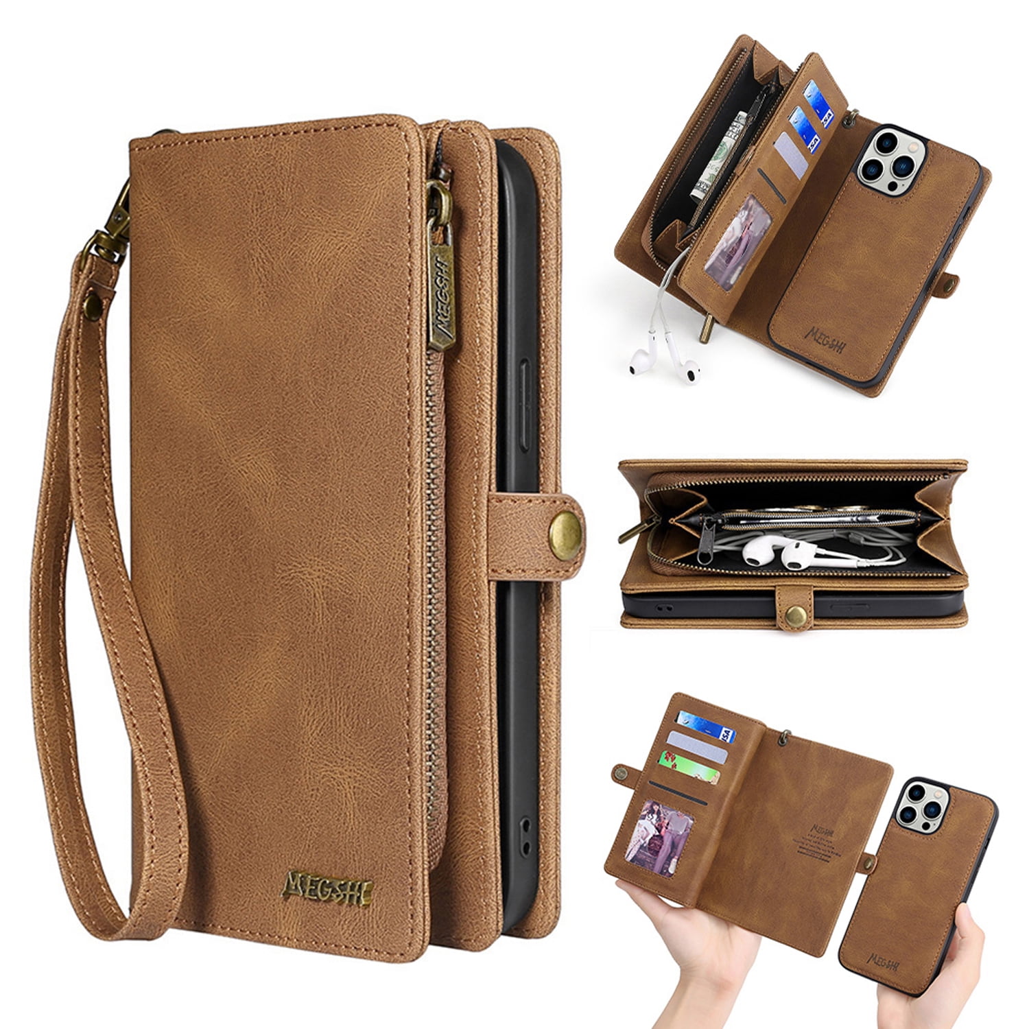 Detachable Wallet Case for iPhone 7 / iPhone 8 / iPhone SE 2022 & 2020, 2-in-1 Zipper Wallet with Credit Card Holder, PU Leather Wrist Strap Flip Stand Shockproof Magnetic Purse Phone Cover, Brown