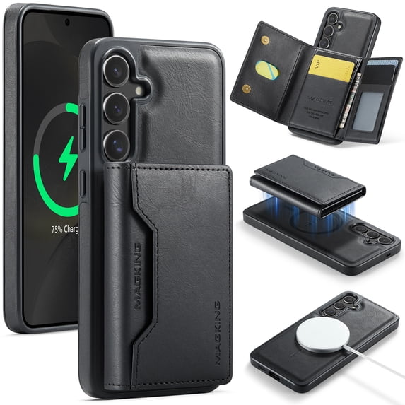 Detachable Wallet Compatible with Magsafe Wireless Charing for Samsung Galaxy S24 Plus Case with Card Holder Magnetic Snap, RFID Blocking Kickstand 2 in 1 Shockproof Case for Galaxy S24 Plus, Black