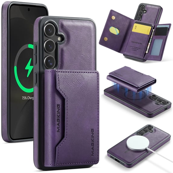 Detachable Wallet Compatible with Magsafe Wireless Charing for Samsung Galaxy S24 Plus Case with Card Holder Magnetic Snap, RFID Blocking Kickstand 2 in 1 Shockproof Case for Galaxy S24 Plus, Purple