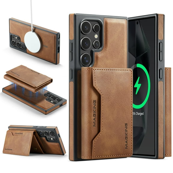 Detachable Wallet Compatible with Magsafe Wireless Charing for Samsung Galaxy S25 Edge Case with Card Holder Magnetic Snap, RFID Blocking Kickstand 2 in 1 Shockproof Case for S25 Edge, Brown