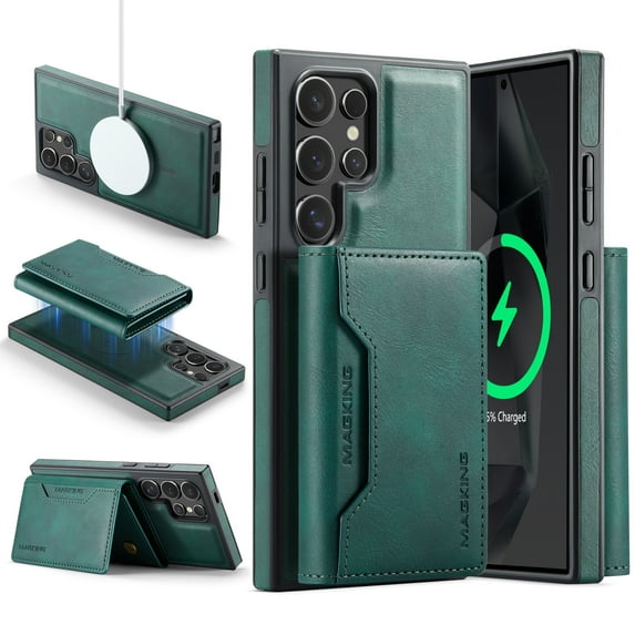 Detachable Wallet Compatible with Magsafe Wireless Charing for Samsung Galaxy S25 Ultra Case with Card Holder Magnetic Snap, RFID Blocking Kickstand 2 in 1 Shockproof Case for S25 Ultra, Green