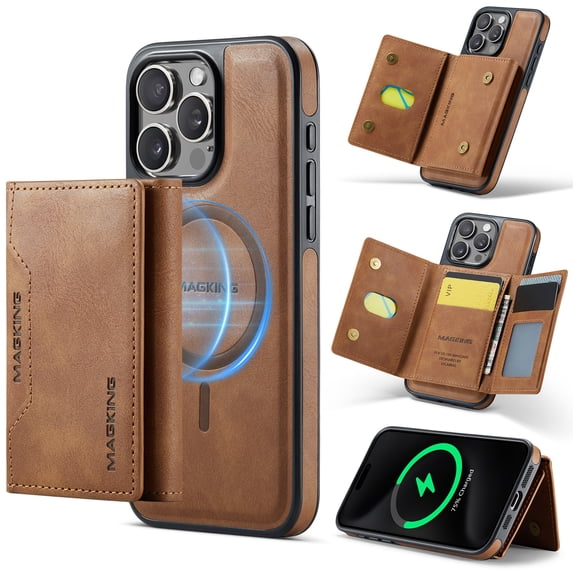 Detachable Wallet Compatible with Magsafe Wireless Charing for iPhone 16 Pro Max Case with Card Holder Magnetic Snap, RFID Blocking Kickstand 2 in 1 Shockproof Case for iPhone 16 Pro Max, Brown