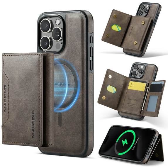 Detachable Wallet Compatible with Magsafe Wireless Charing for iPhone 16 Pro Max Case with Card Holder Magnetic Snap, RFID Blocking Kickstand 2 in 1 Shockproof Case for iPhone 16 Pro Max, Coffee