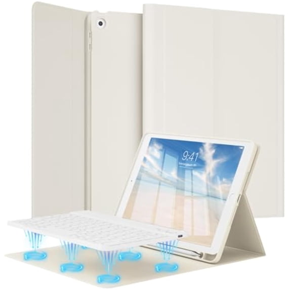 Detachable Wireless Keyboard Cover for iPad 7/8/9 Gen 10.2", Slim Folio Case with Apple Pencil Slot Adjustable Stand Auto Sleep Wake,Cream White