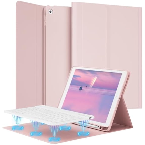 Detachable Wireless Keyboard Cover for iPad 7/8/9 Gen 10.2", Slim Folio Case with Apple Pencil Slot Adjustable Stand Auto Sleep Wake,Pink