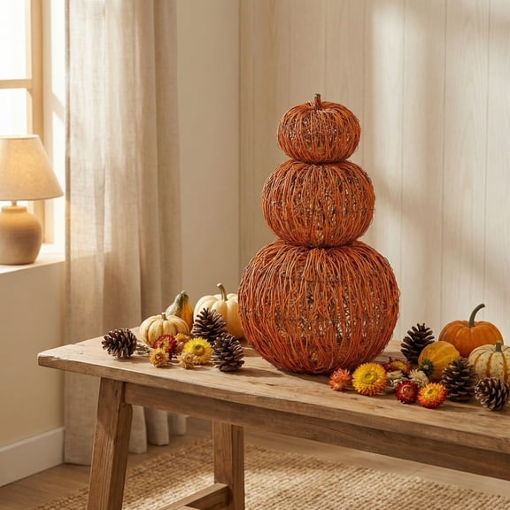Detachable Woven Stacked Pumpkins Decor, 3-Piece Handmade Rattan Pumpkin Set, Rustic Fall Harvest Decorative Pumpkins for Halloween Thanksgiving Home Entryway Decor