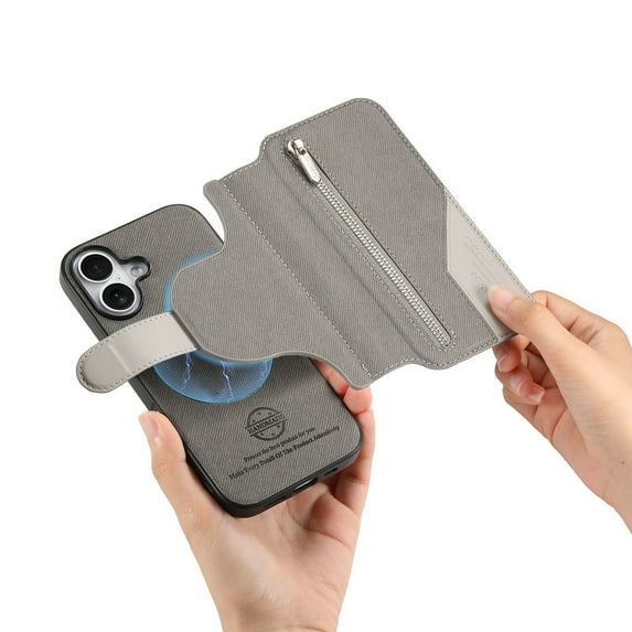 Wrist Strap Zipper Flip Leather Wallet Card Slot Phone Case for IPhone 16E 17 16 15 Pro Max Bracket Protective Cover