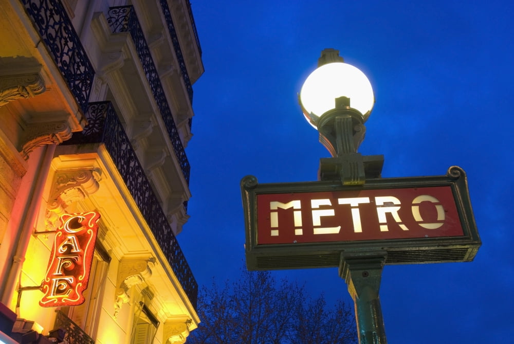 Detail Of Maubert-Mutualite Metro Station And Cafe Signs At Dawn In The Latin Quarter (Quartier Latin) On The Left Bank Canvas Art - Ian Cumming Design Pics (34 x 22)