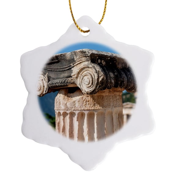 3drose, Detail of Ionic Column, Delphi, Greece, Europe, 3 inch Snowflake Porcelain Ornament