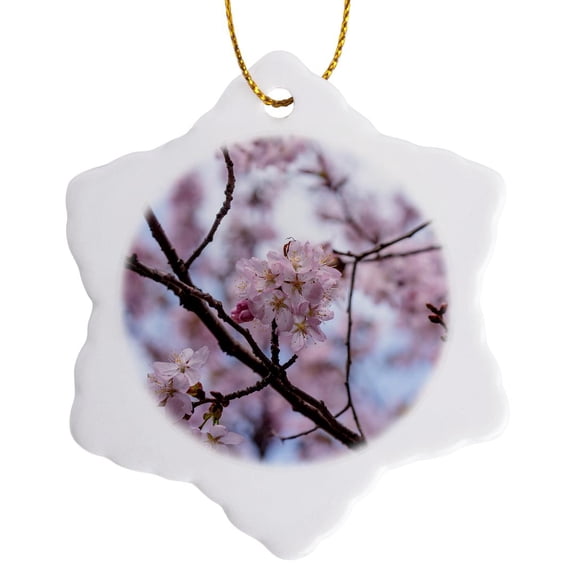3drose, Detail of Japanese Cherry Blossom Sakura Tree in Full Bloom in Spring, 3 inch Snowflake Porcelain Ornament