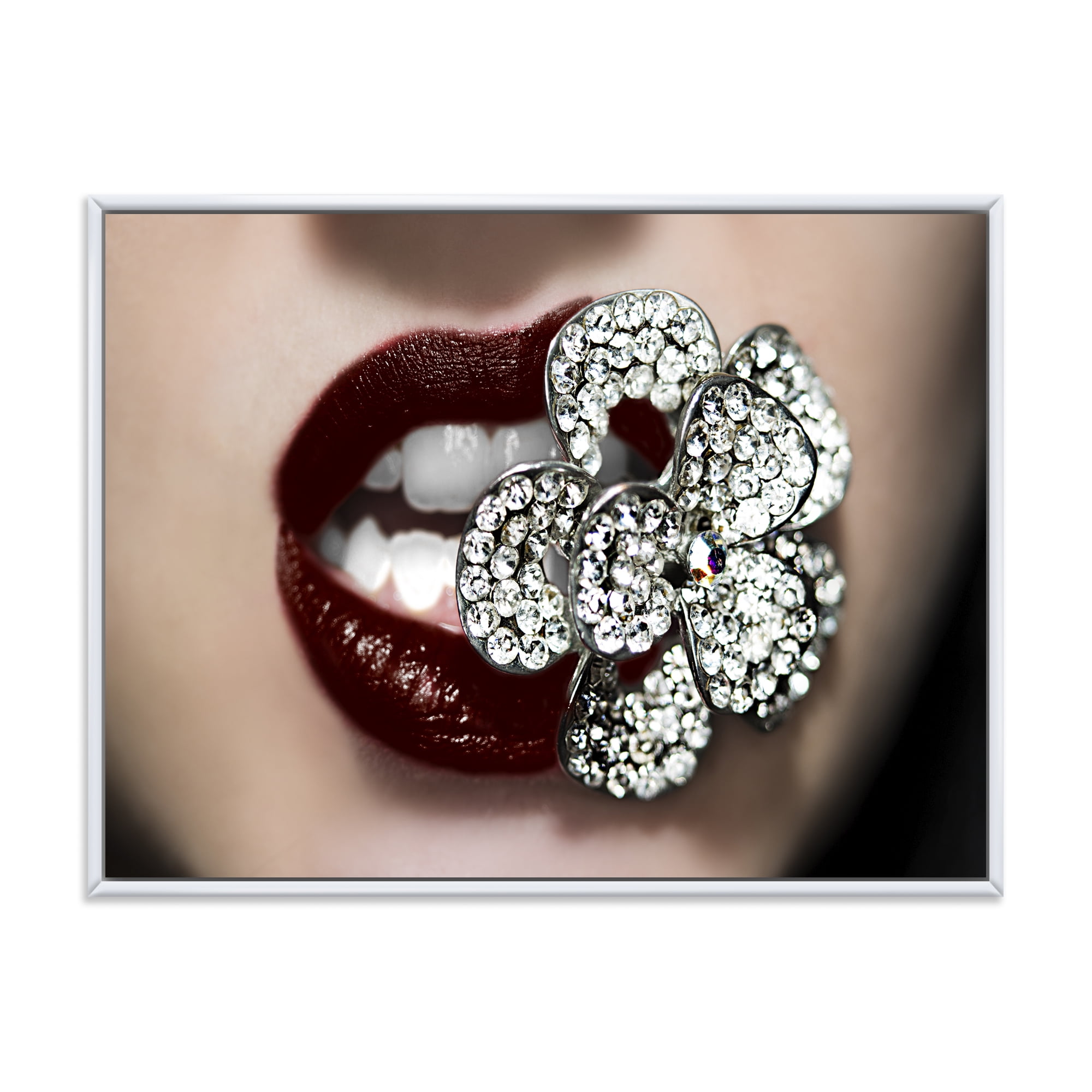 Detail Of Sexy Red Girl Lips 20 in x 12 in Framed Photography Canvas Art Print, by Designart