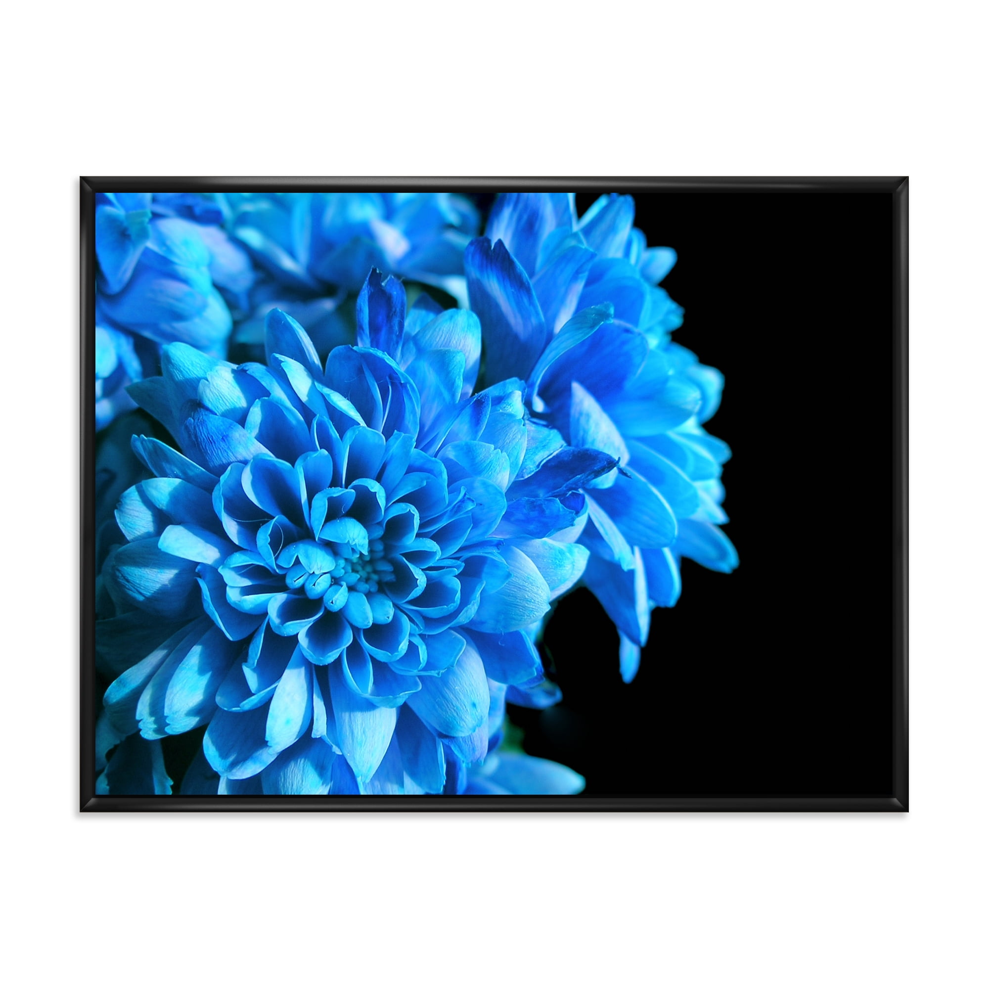 Detail of Blue Flowers On Black Background I 32 in x 24 in Framed Painting Canvas Art Print, by Designart