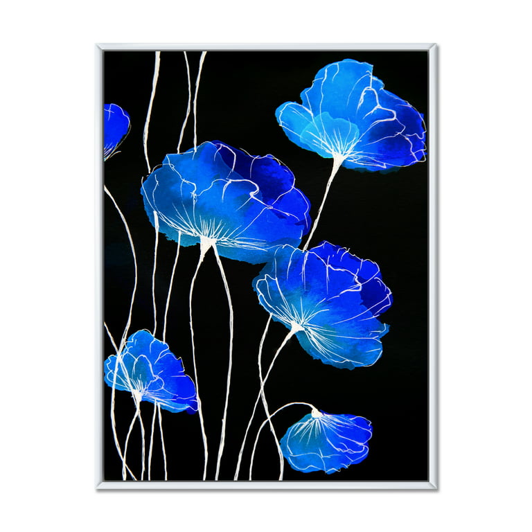 Detail of Blue Flowers On Black Background II 24 in x 32 in Framed Painting  Canvas Art Print, by Designart