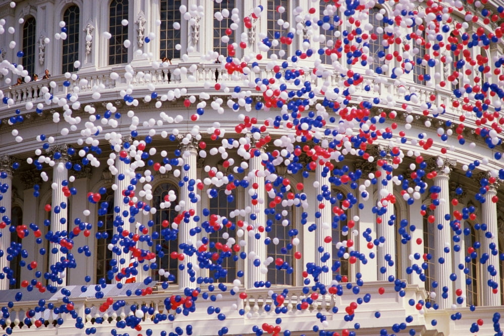 Detail of Capitol Building with red white and blue balloons Canvas Art - Panoramic Images (24 x 36)