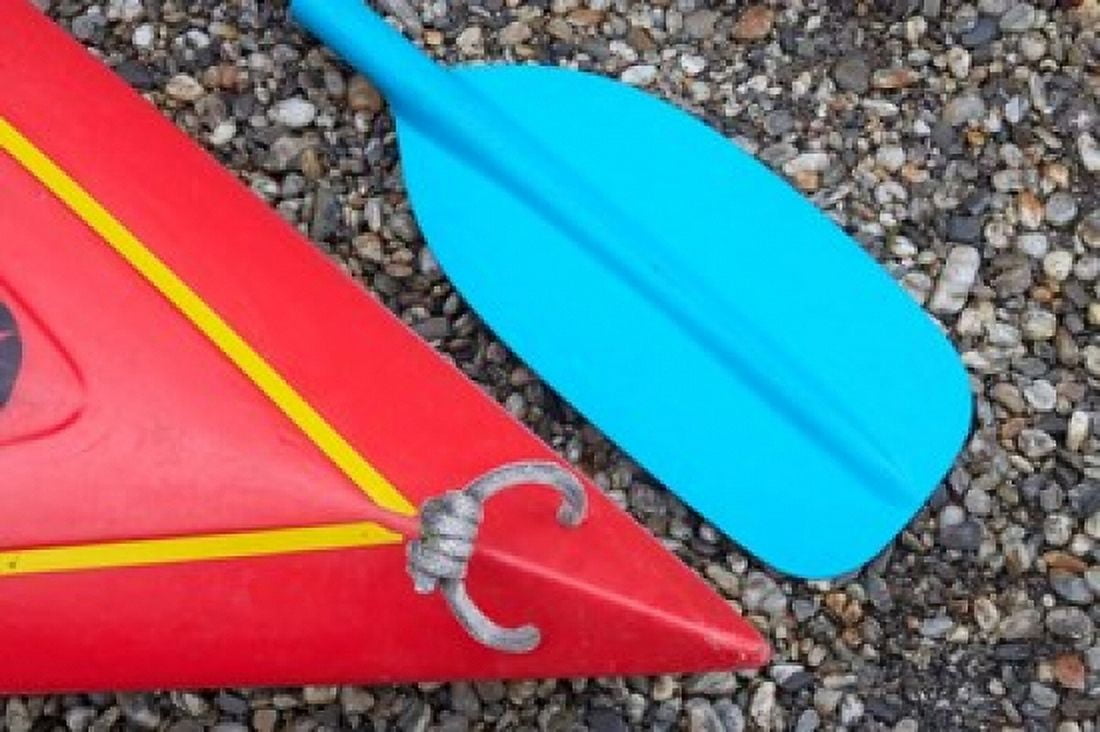 Detail of Red Kayak and Blue Paddle Canvas Art - David Wall DanitaDelimont (34 x 23)