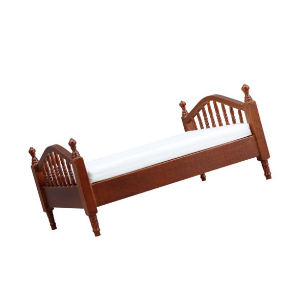 Detailed 1/12 Doll House Bedroom Double Bed Model Figurine With Carved Headboard for Craft Model Project Decoration