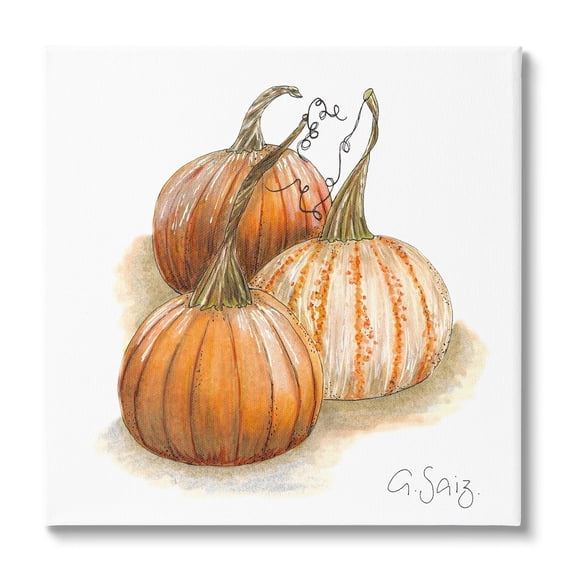 Detailed Autumn Pumpkins Gourds Still Life Illustration Botanical & Floral Painting Gallery-Wrapped Canvas Print Wall Art