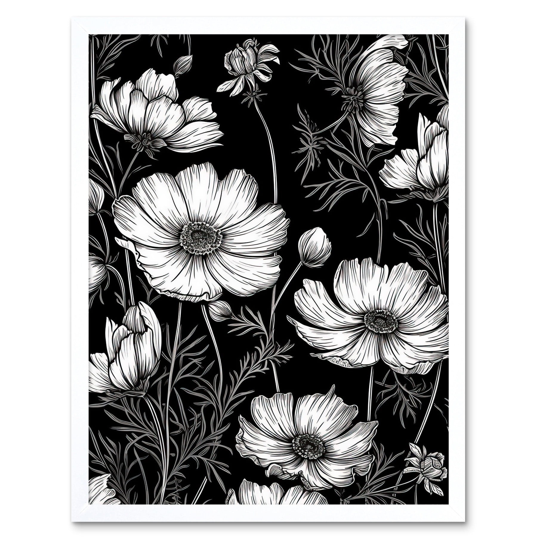 Detailed Black and White Plants 18X24 Art Inch Large Thick Cosmos Paper Poster Flower Print Wall