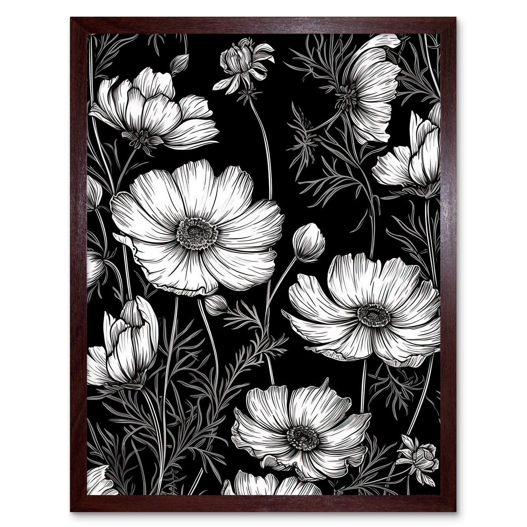 Detailed Black and White Cosmos Flower Plants Large Wall Art Poster Print  Thick Paper 18X24 Inch