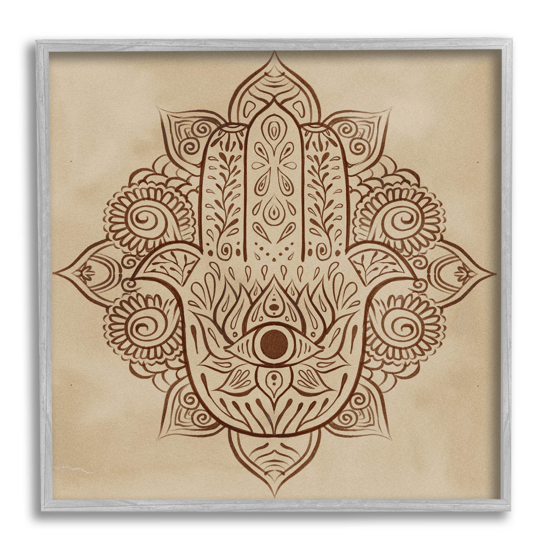 Detailed Botanical Hamsa Symbol Religious Graphic Art Gray Framed Art Print Wall Art