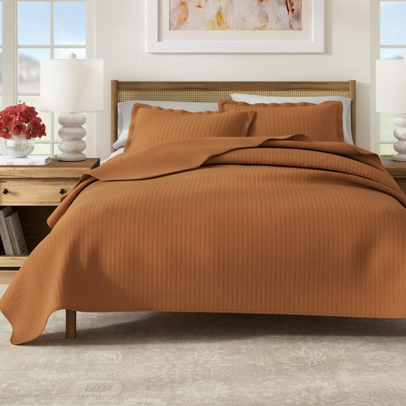 Great Bay Home Detailed Channel Stitch Microfiber All-Season Quilt Set With Shams (King, Copper)