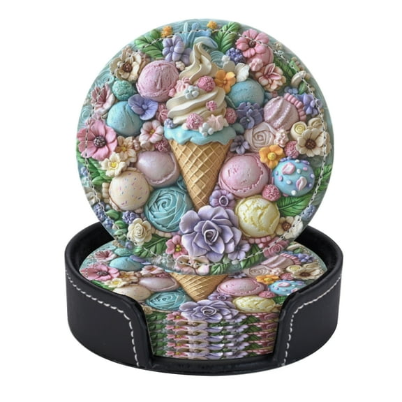 PU Leather Coasters for Drinks Bar Beer,Set of 6 with Holder,Round Housewarming Gift,Detailed Clay Relief-Style Depiction Of Ice Cream Cone
