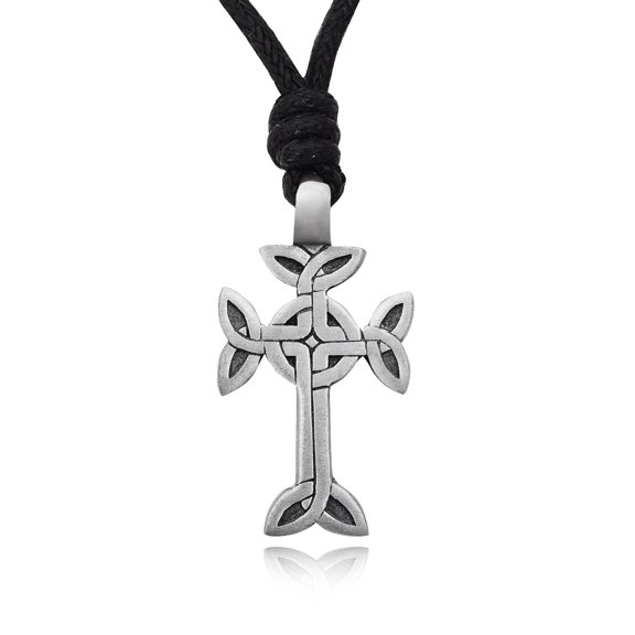 Detailed Cross Silver Pewter Charm Necklace Pendant Jewelry With Cotton Cord