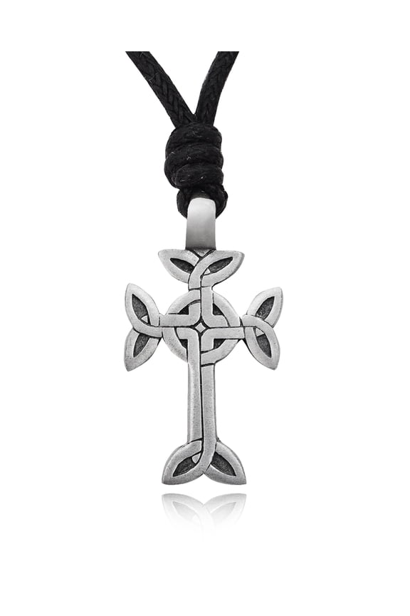 Detailed Cross Silver Pewter Charm Necklace Pendant Jewelry With Cotton Cord