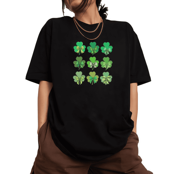 Detailed Design Cotton Print Tshirt St. Patrick's Day Bow Clover Graphic Tees Shirts Social Wear Black S-5XL Tops