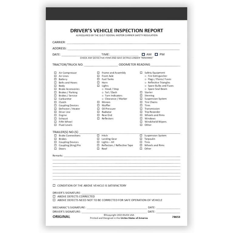 Detailed Driver Vehicle Inspection Report Book - 2-Ply Carbonless, 5.5 detailed-driver-vehicle-inspection-report-book-2-ply-carbonless-5-5-x-8-5-35-sets-of-forms-per-dvir-book-daily-pre-trip-checklist-log-for-truck-drivers-fmcsr-compliant-with-easy-tear-out