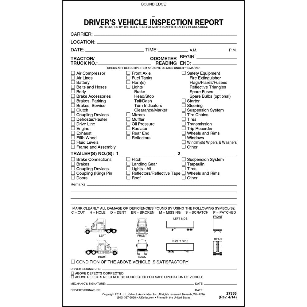 Detailed Driver Vehicle Inspection Report Book With Illustrations 5 Pk 2 Ply Carbonless 55 7328