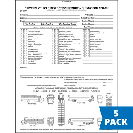 Detailed Driver's Vehicle Inspection Report with Bus & Motor Coach Illustrations 5-pk. - Book Format , 2-Ply Carbonless, 8.5" x 11", 31 Sets of Forms Per DVIR Book - J. J. Keller & Associates