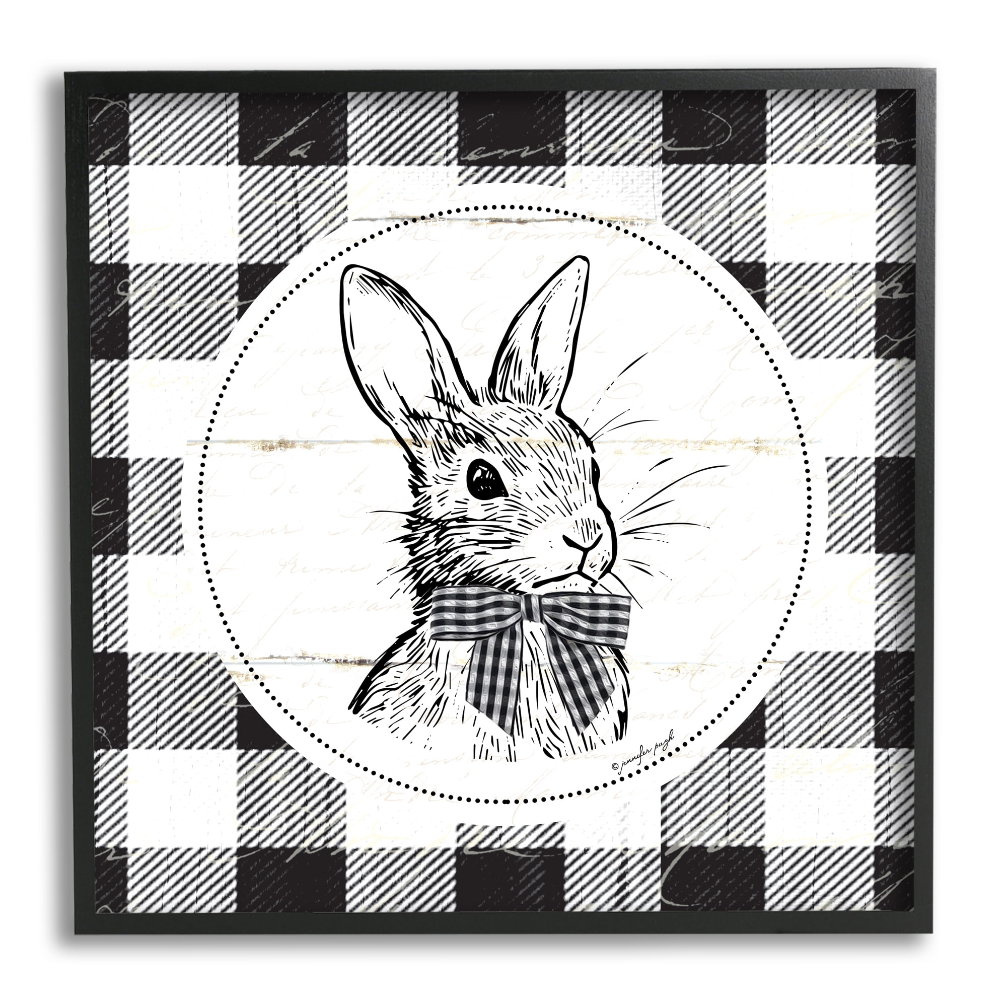 Detailed Easter Bunny Drawing Spring Plaid Border Animals & Insects Graphic Art Framed Art Print Wall Art