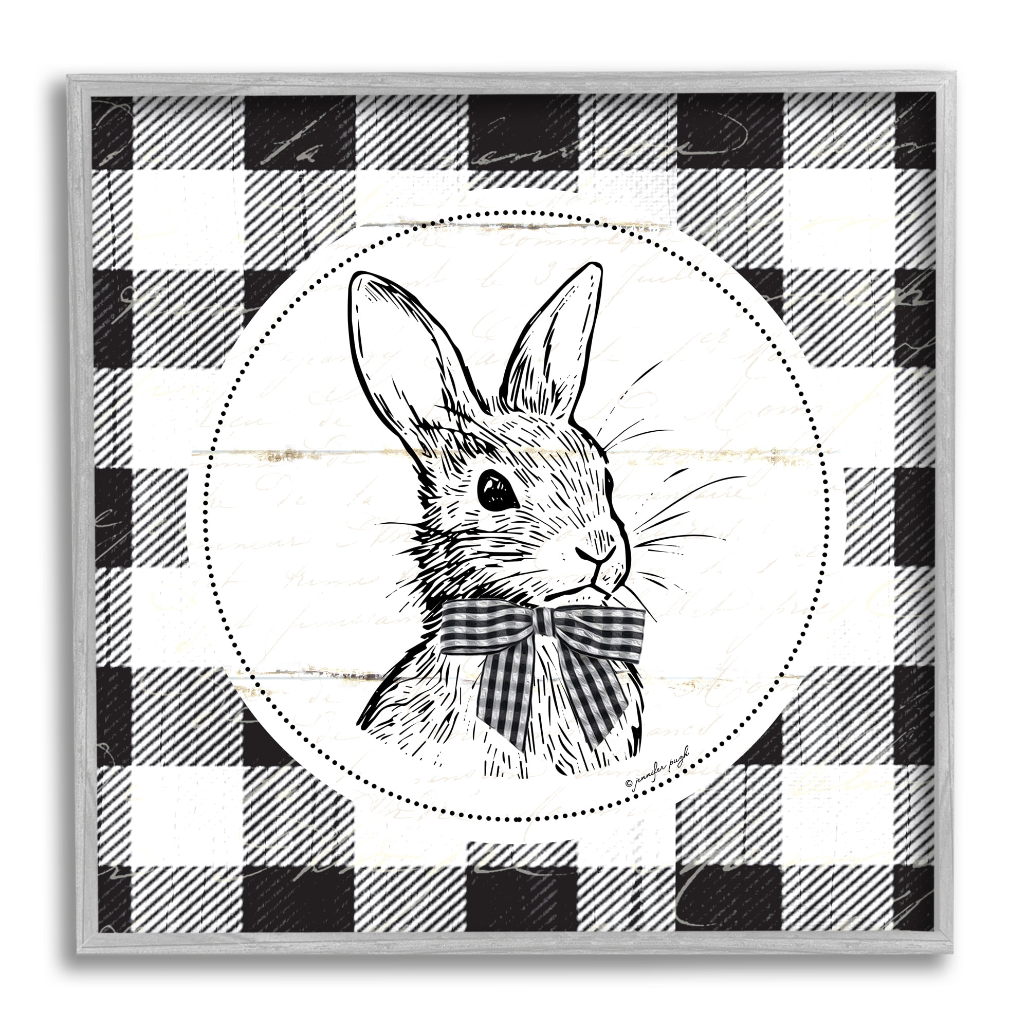 Detailed Easter Bunny Drawing Spring Plaid Border Animals & Insects Graphic Art Framed Art Print Wall Art